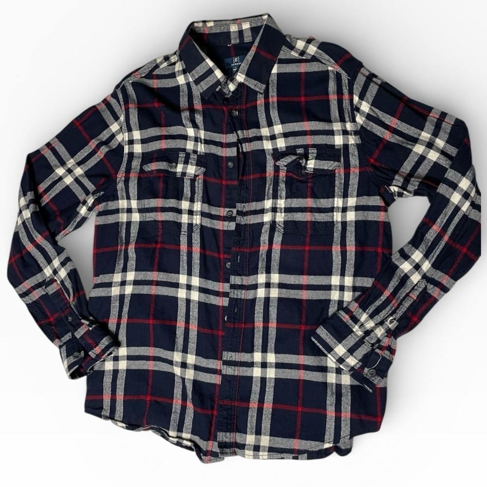 George Navy Red & White Plaid Flannel Button-Up Shirt (Men’s Large)